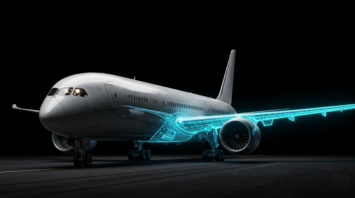 Aircraft with computational mesh wireframe overlay