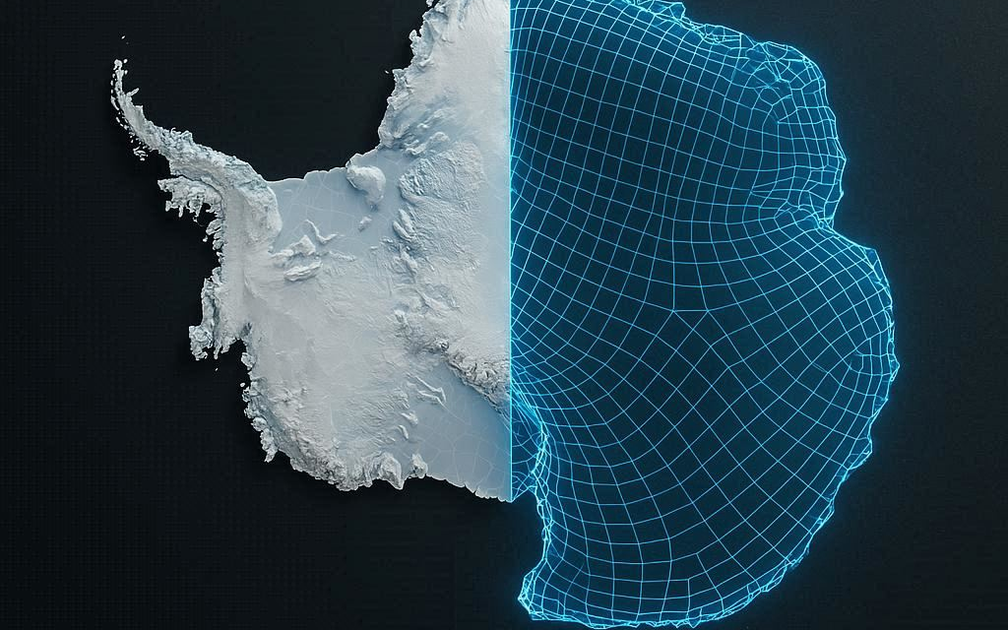 Antarctica ice sheet with computational mesh overlay