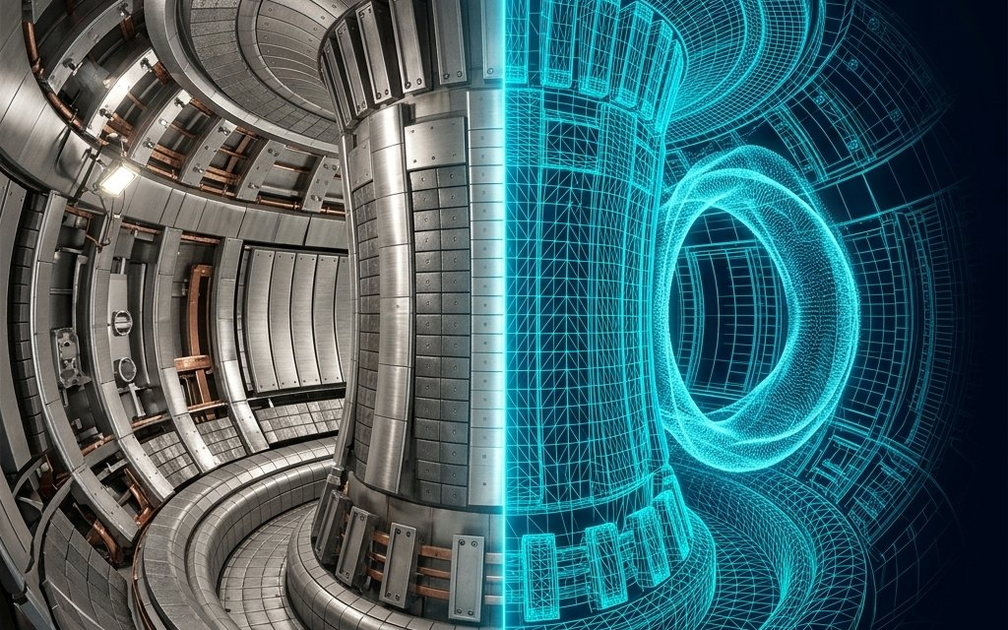 Tokamak fusion reactor interior with simulation mesh