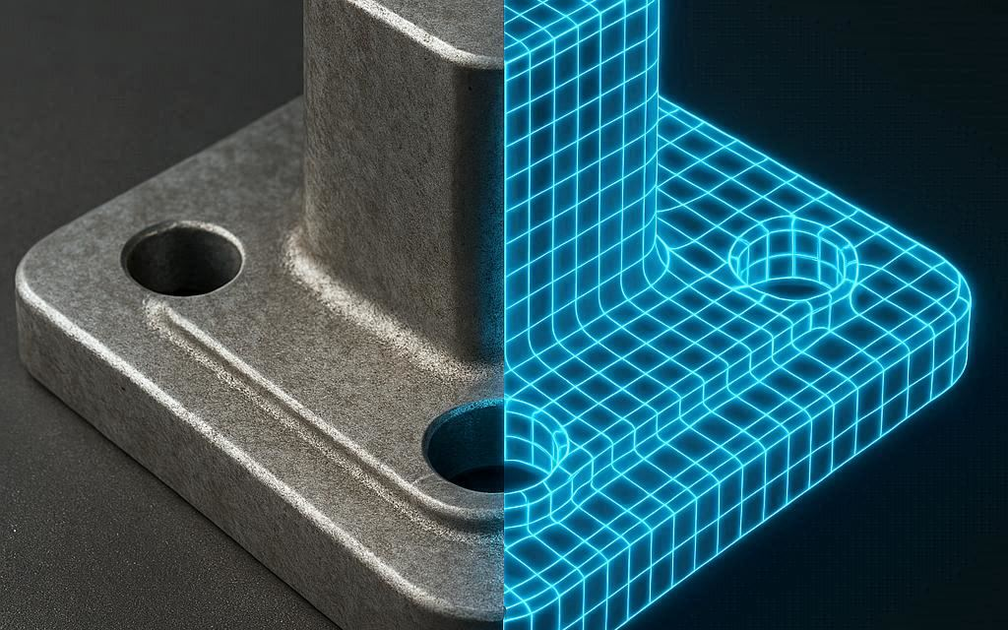 Mechanical bracket with finite element mesh overlay